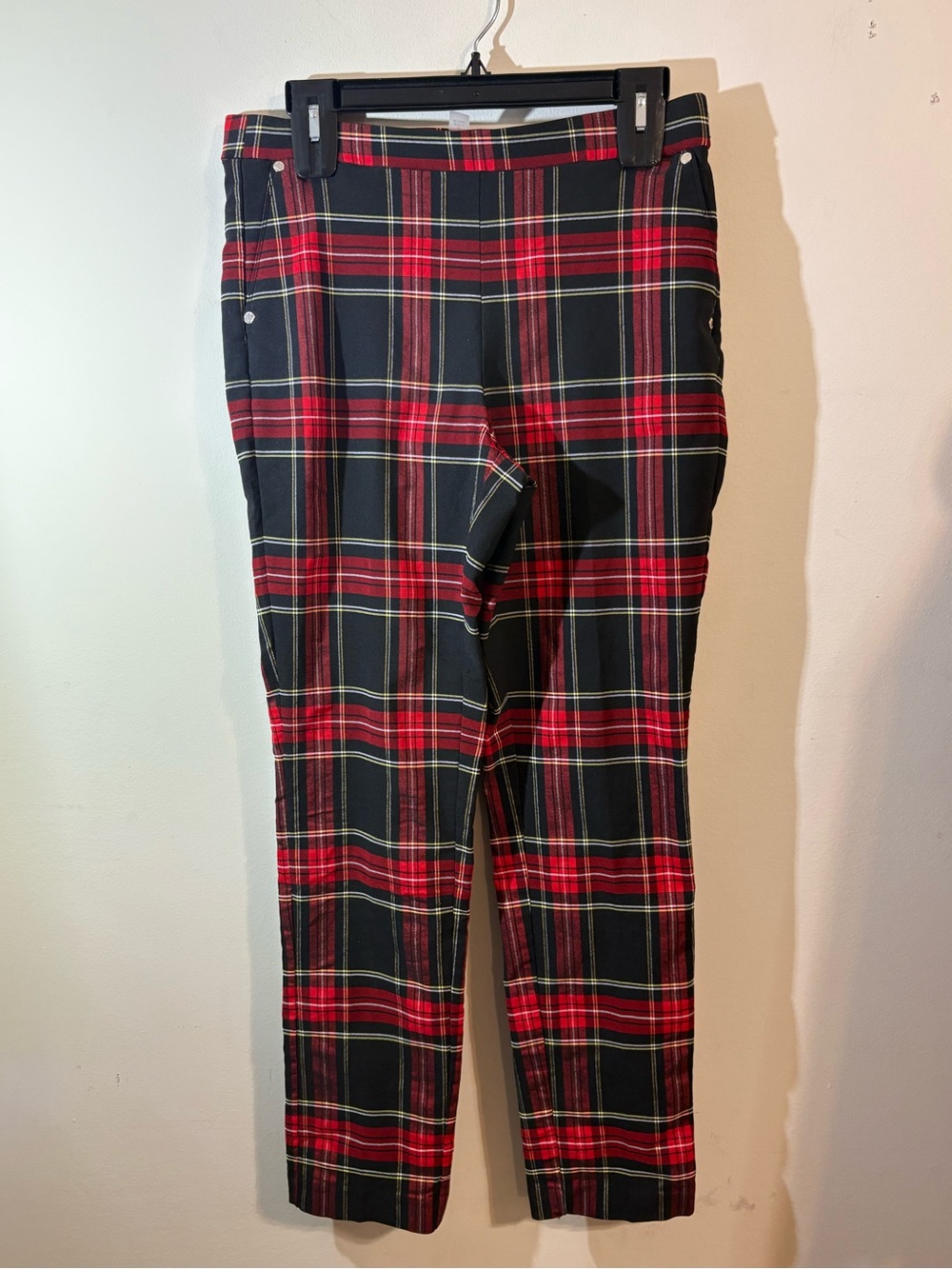 Anne‎ Klein Red Black Tartan Plaid Pull On Slim Ankle Pants women’s medium